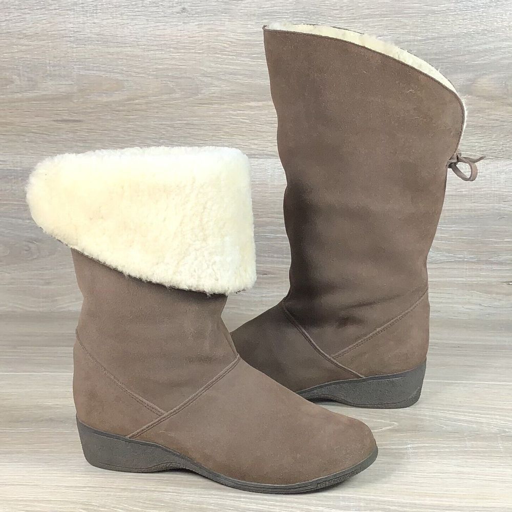 L.L.‎ Bean Womens Size 9 M Sheepskin Wool Lined Tall Wedge Boots Brown Roll Down
